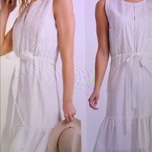 Lucky Brand Sophia White Eyelet Scoop Neck Sleeveless Tie Waist SunDress Large